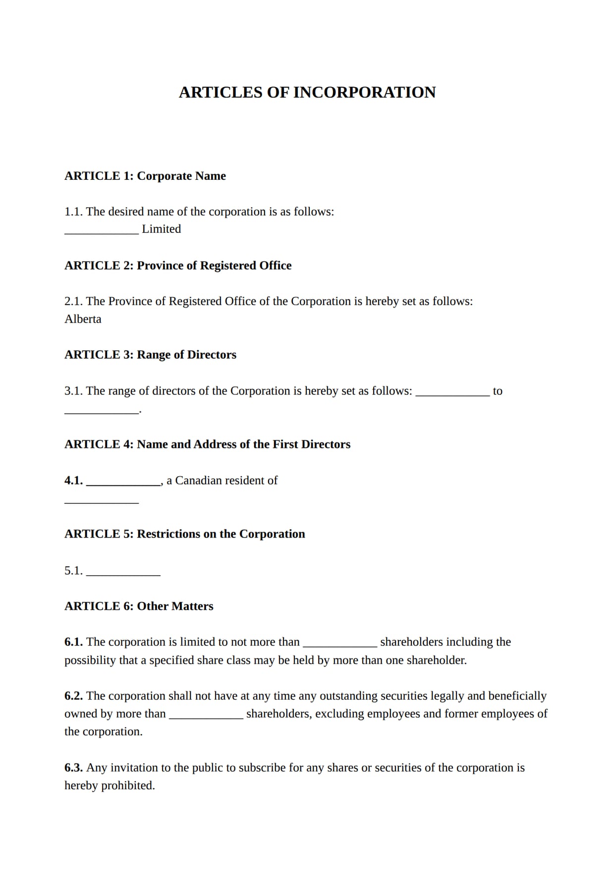 Articles of Incorporation template for Canada: the first page of the document