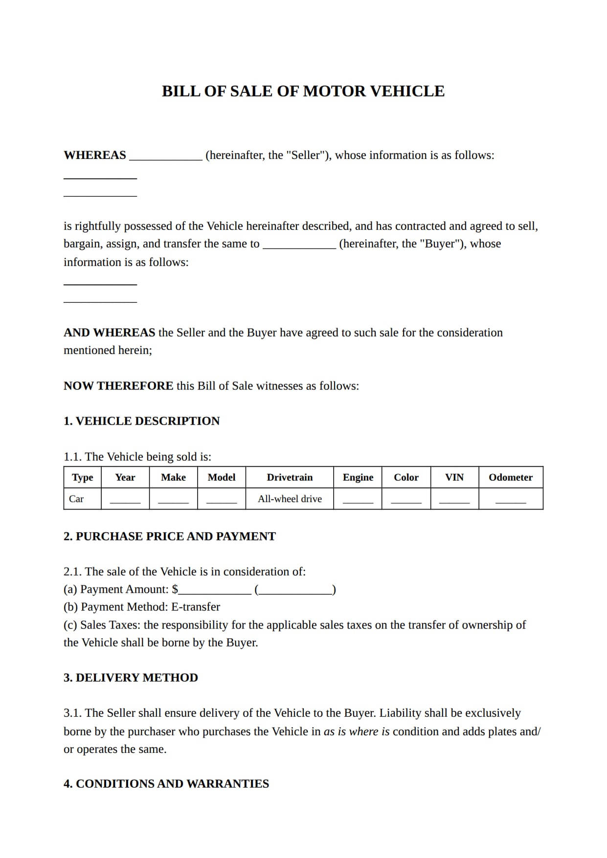 Bill of Sale of Motor Vehicle template for Canada: the first page of the document