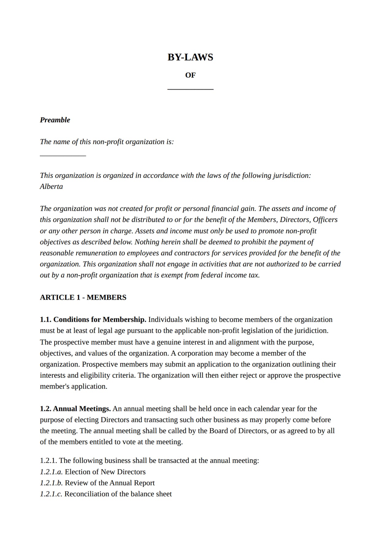 By-laws for Non-profit Organizations template for Canada: the first page of the document