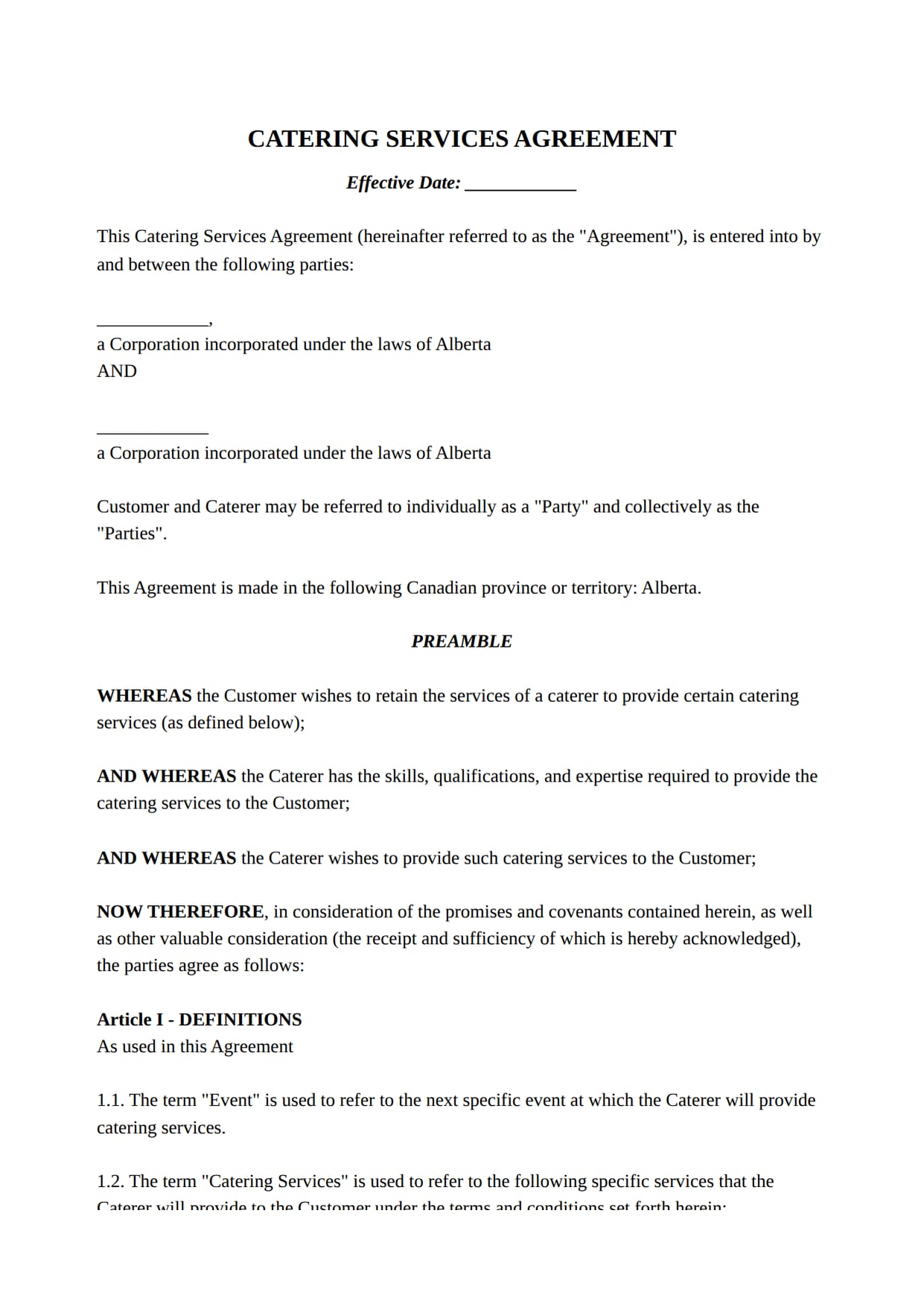 Catering Services Agreement template for Canada: the first page of the document