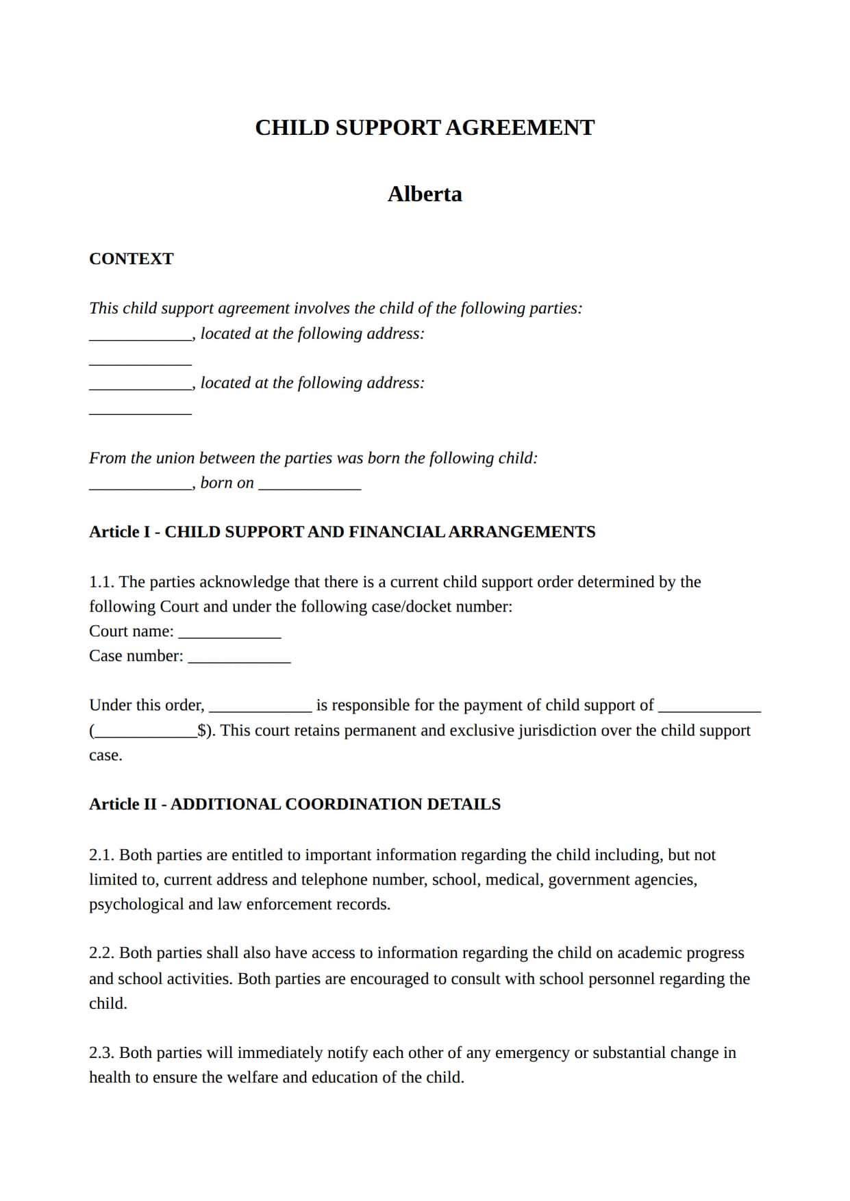 Child Support Agreement template for Canada: the first page of the document