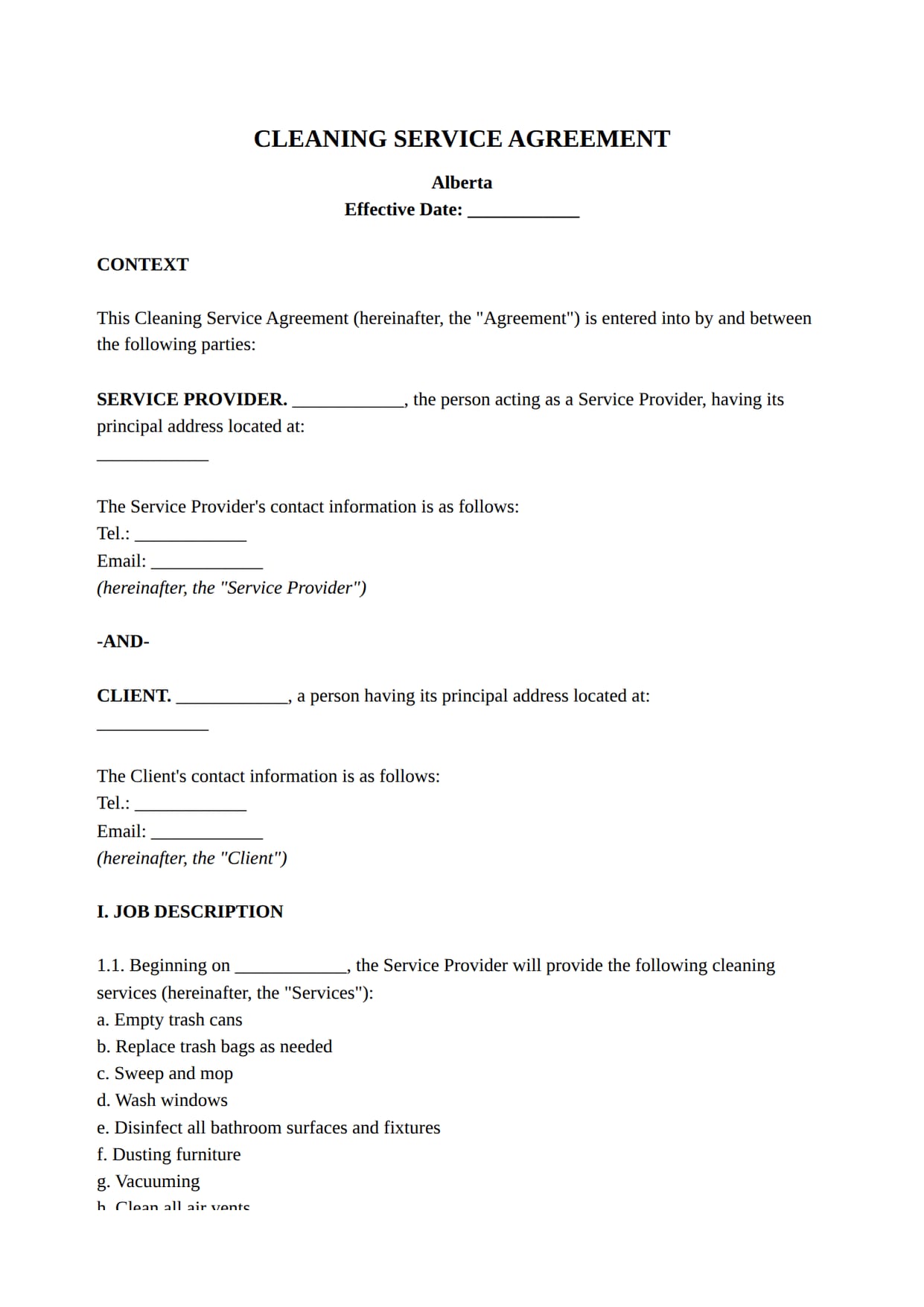 Cleaning Service Agreement template for Canada: the first page of the document