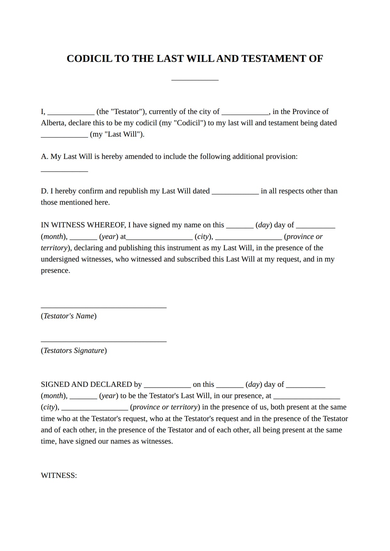 Codicil to Last Will and Testament template for Canada: the first page of the document