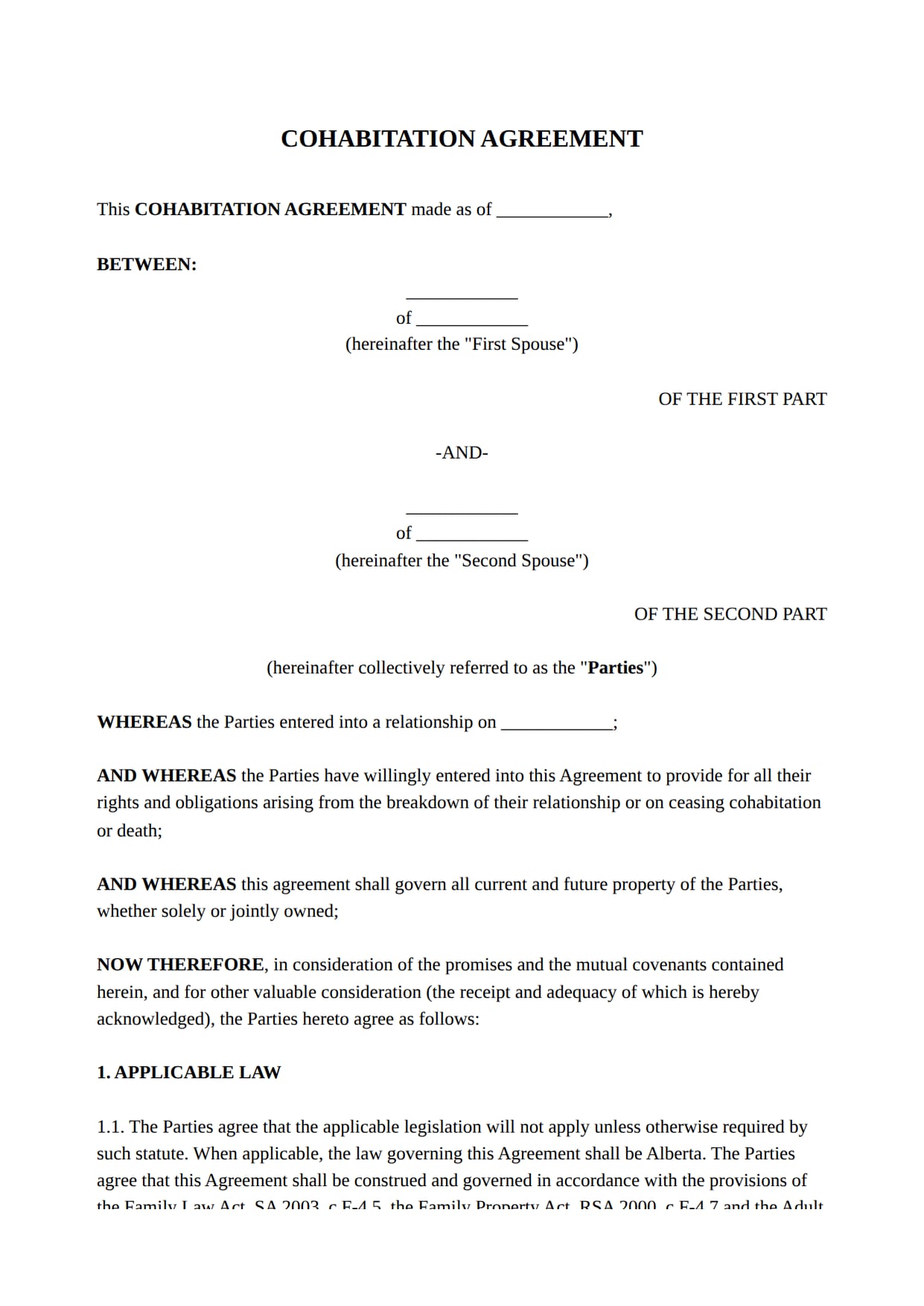 Cohabitation Agreement template for Canada: the first page of the document
