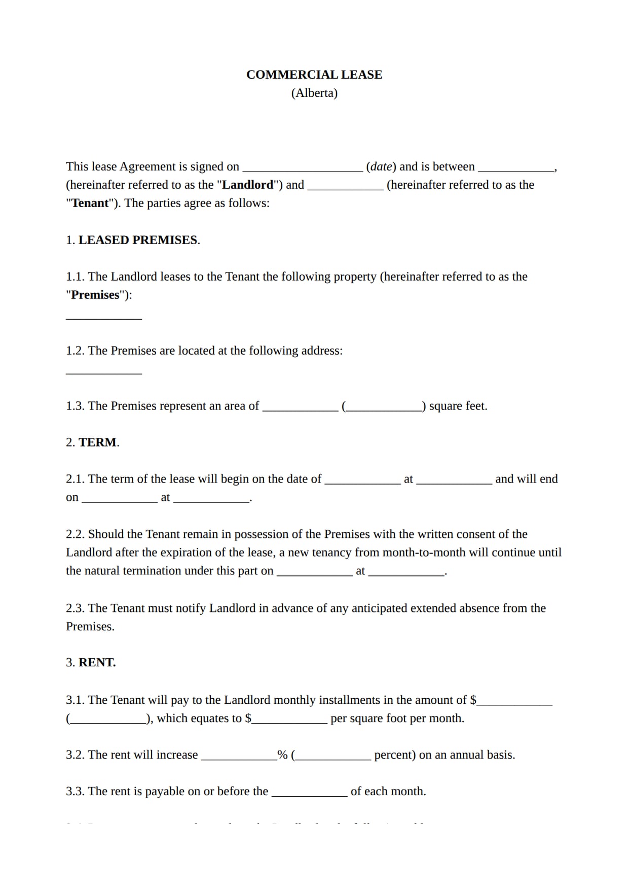Commercial Lease Agreement template for Canada: the first page of the document