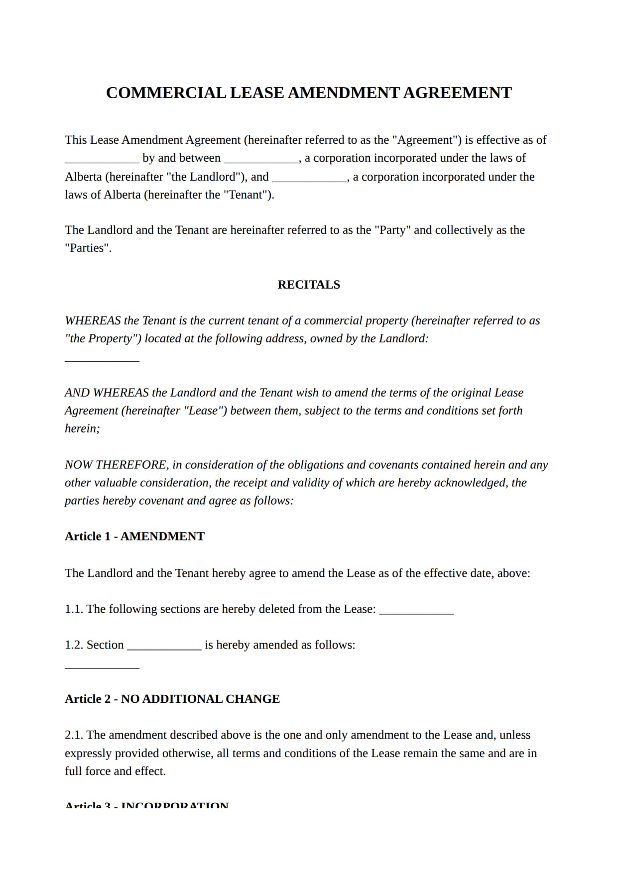 Commercial Lease Amendment Agreement template for Canada: the first page of the document
