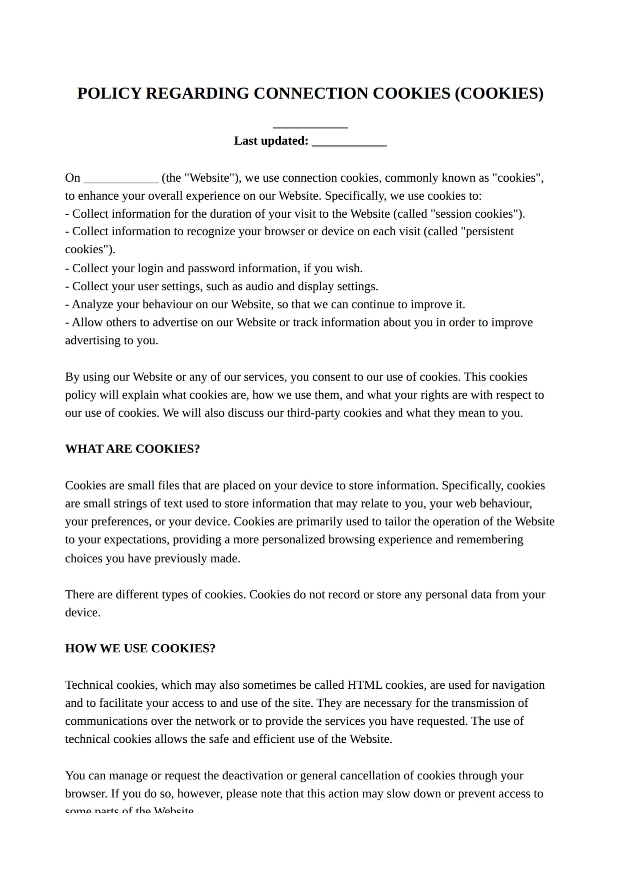 Cookies Policy for Website template for Canada: the first page of the document